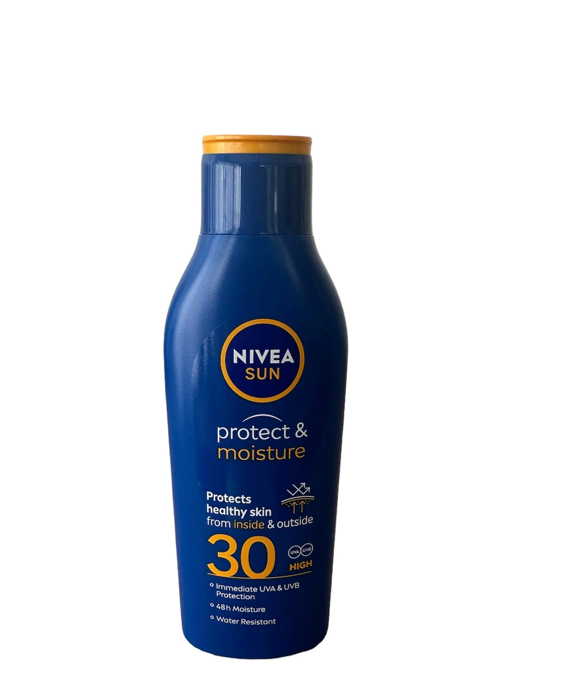 Bouteille Nivea Sun Protect et Hydratation, lotion solaire SPF 30, hydratante et facile à appliquer.