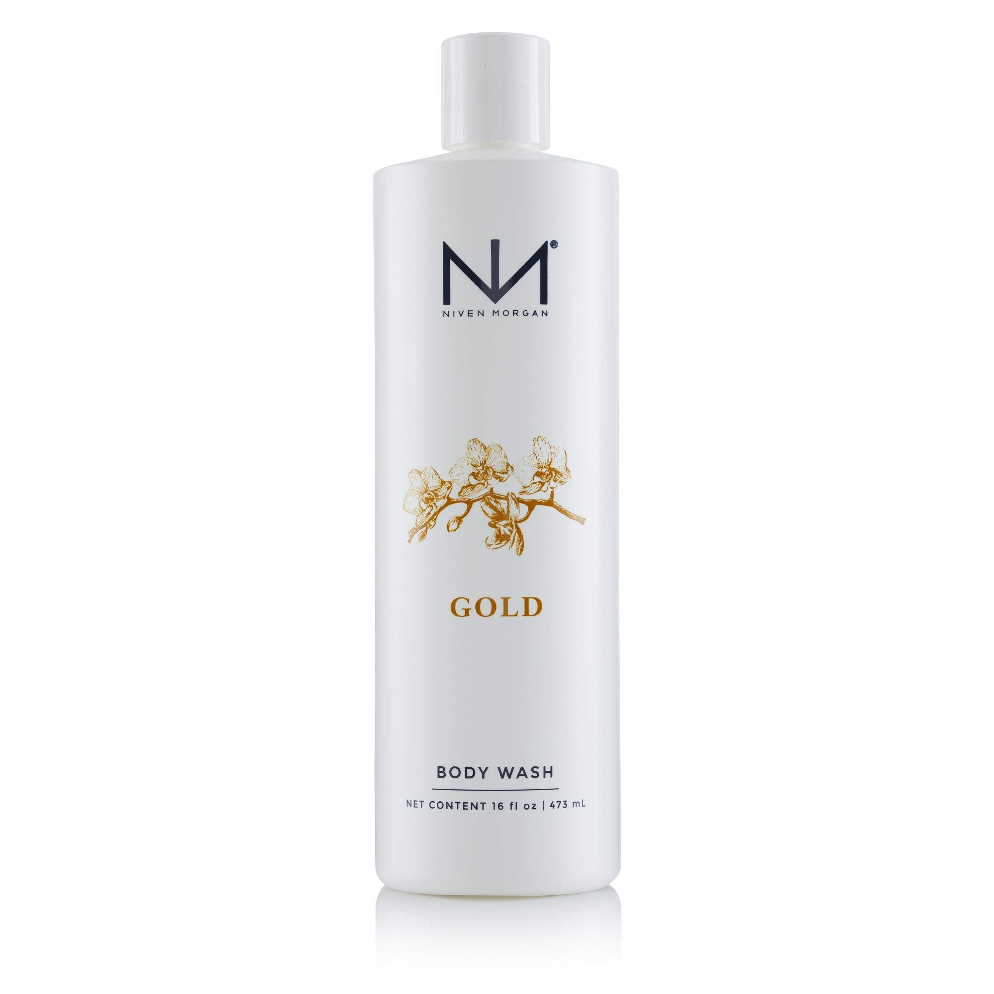 Niven Morgan Gold Body Wash: bouteille-or, hydratation douce pour la peau.