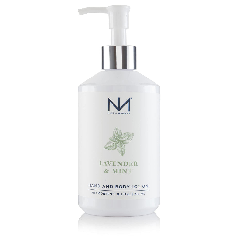 Lotion Niven Morgan Lavande Menthe en flacon, hydratation durable pour mains et corps.