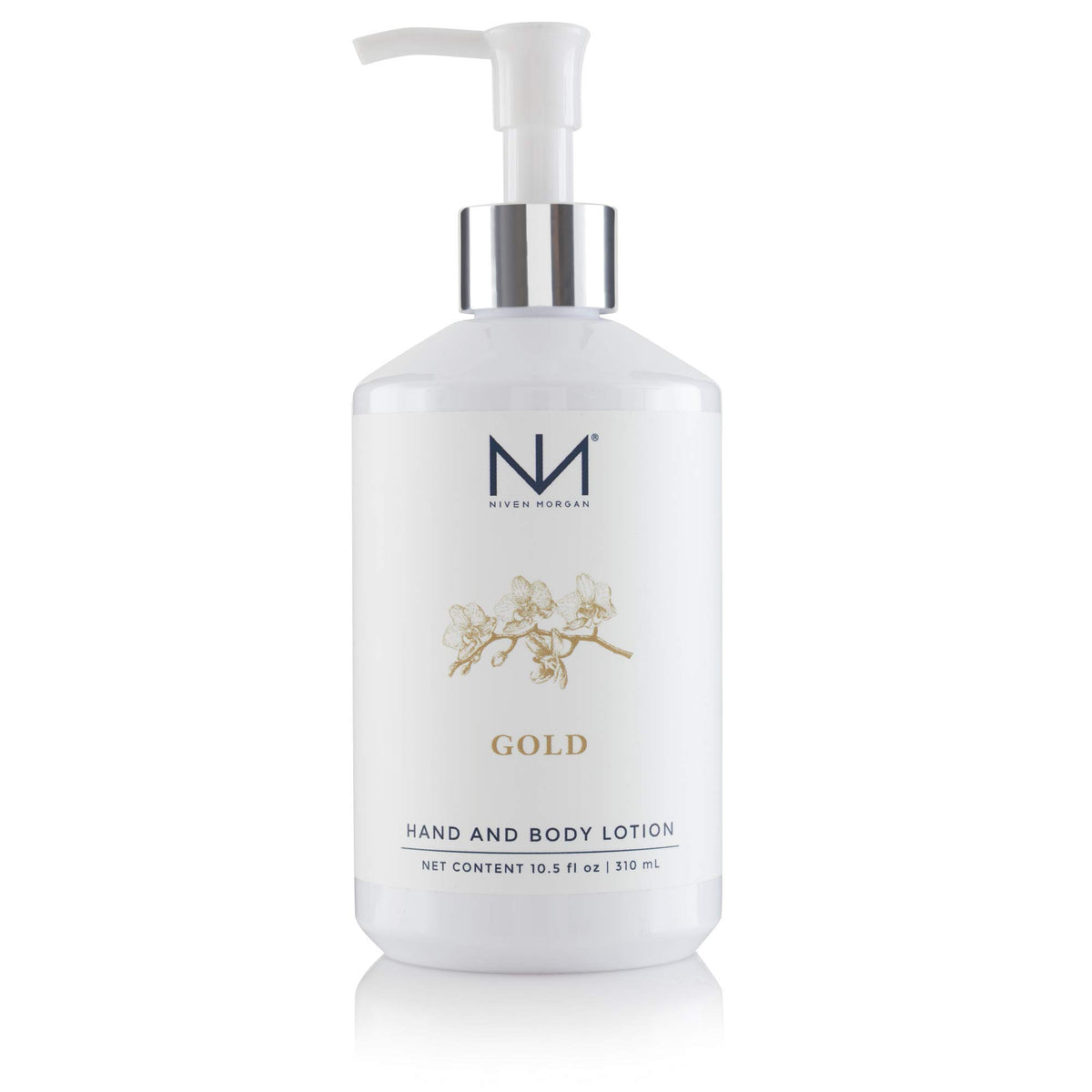 Lotion dorée Niven Morgan pour mains et corps — texture soyeuse et hydratation durable.