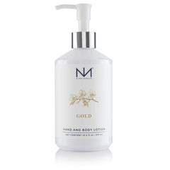 Lotion dorée Niven Morgan pour mains et corps — texture soyeuse et hydratation durable.