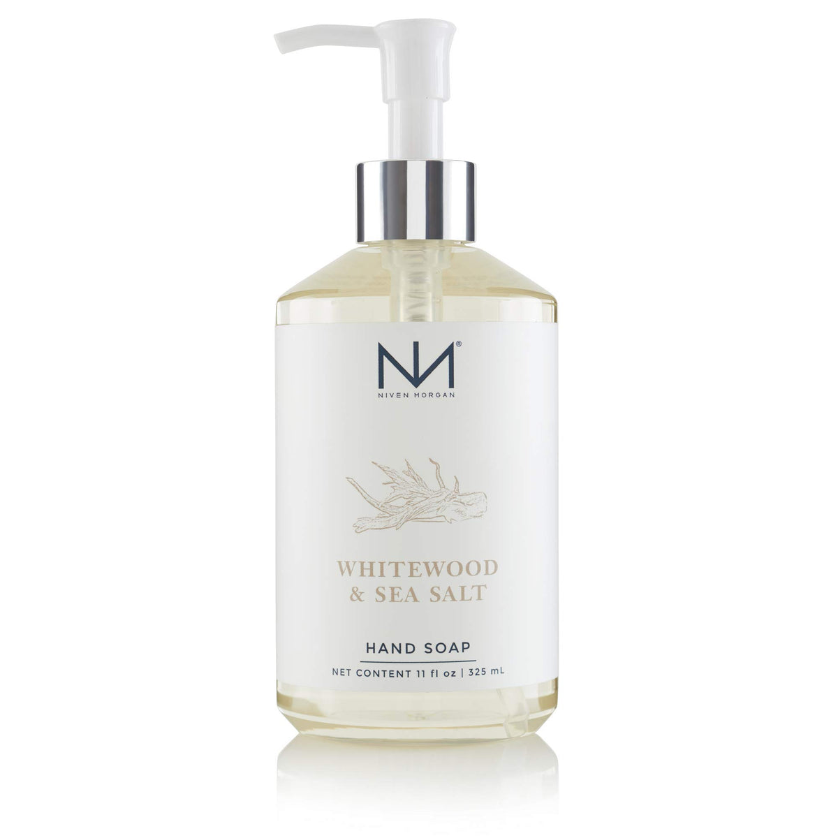 Bouteille de savon mains Niven Morgan Whitewood et sel de mer, parfum frais et hydratant.