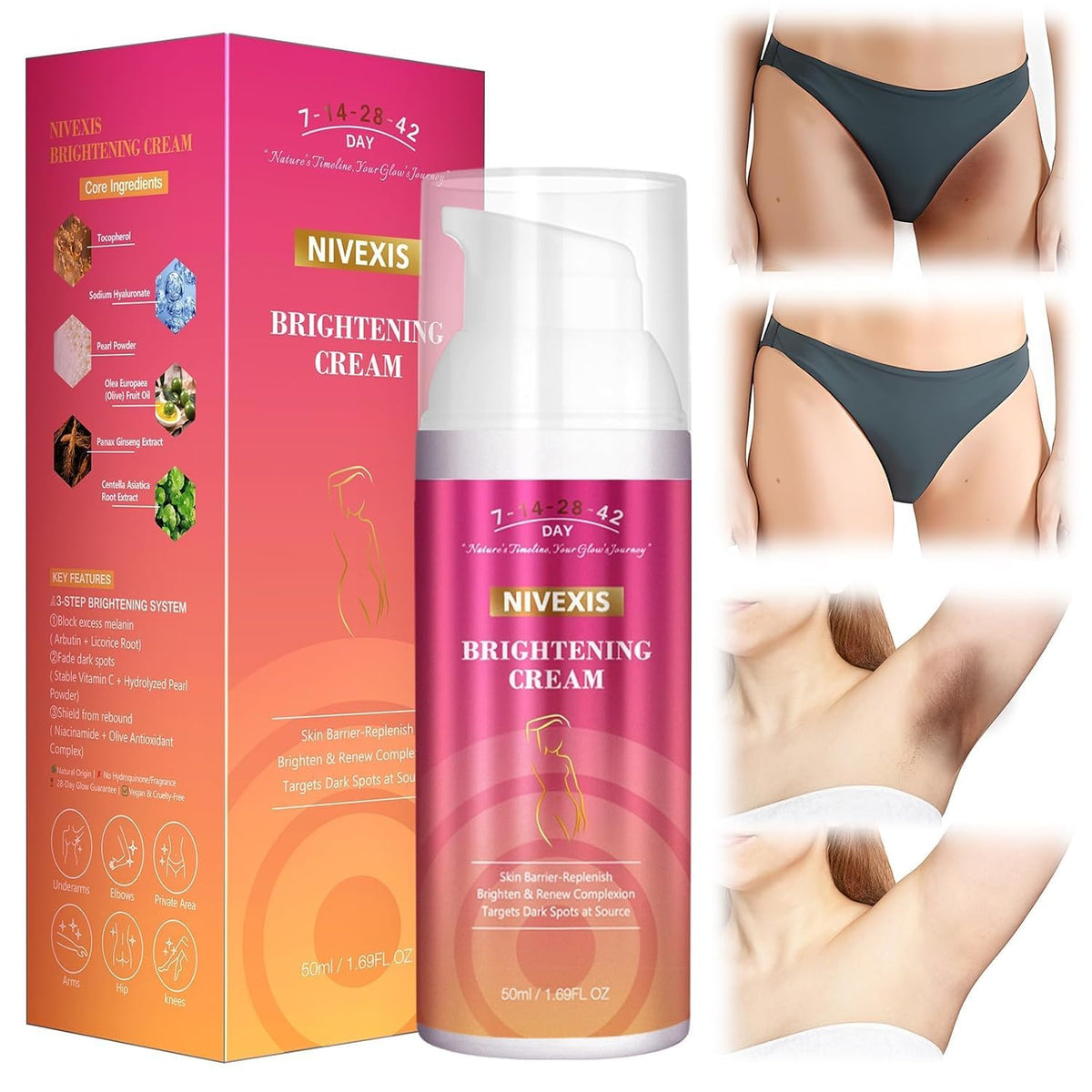 Crème Nivexis éclaircissante — bouteille-pompe, hydratation douce pour la peau.