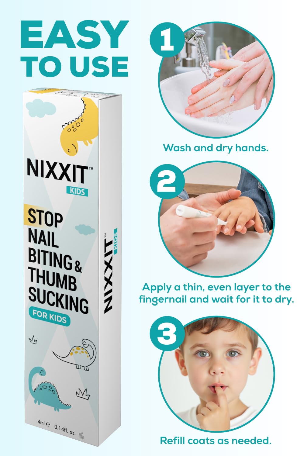 NIXXIT bitter taste deterrent demo shows kid-friendly reminder at the fingernail edge.
