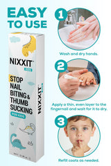 NIXXIT bitter taste deterrent demo shows kid-friendly reminder at the fingernail edge.