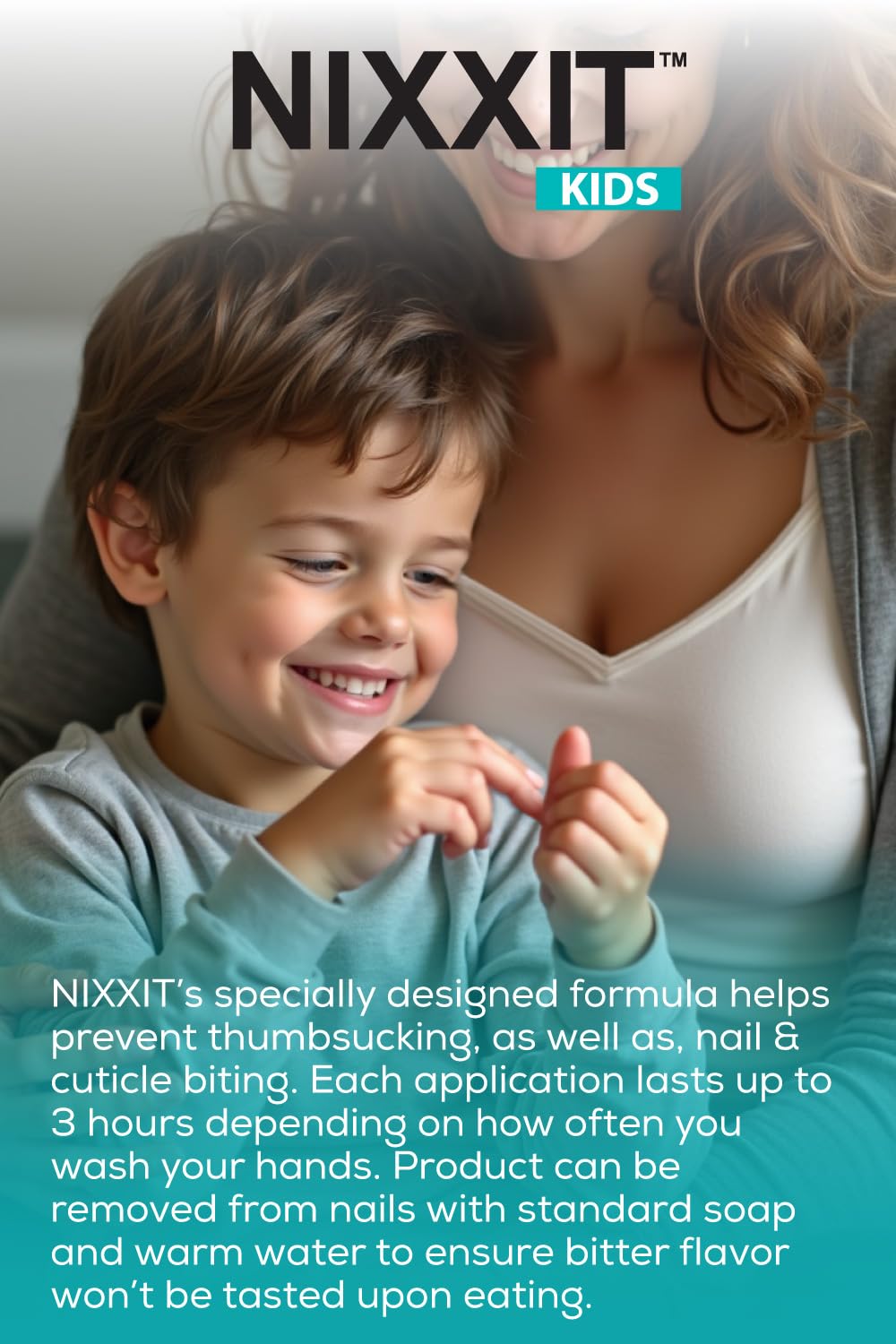 NIXXIT target area on nails, cuticles, and thumbs to guard against biting.
