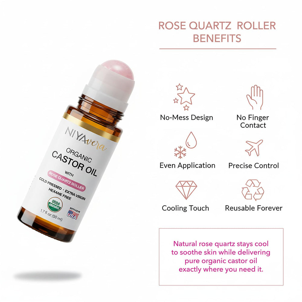 NIYAVERA castor oil for face application with soothing rose quartz roller.