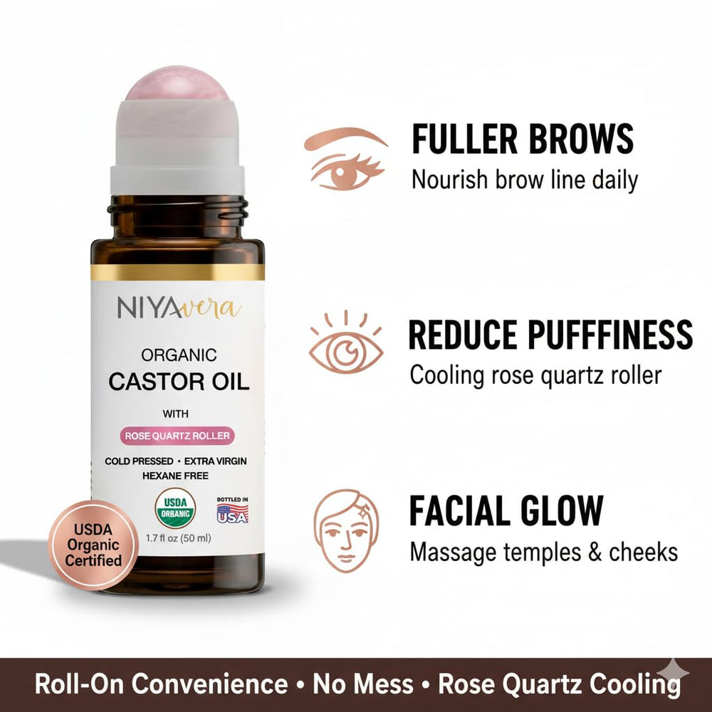 NIYAVERA cold-pressed castor oil packaging highlights premium extraction.