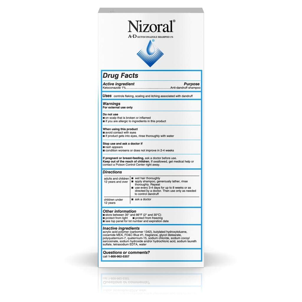 Étiquette Nizoral A-D indiquant kétoconazole 1% comme ingrédient actif.