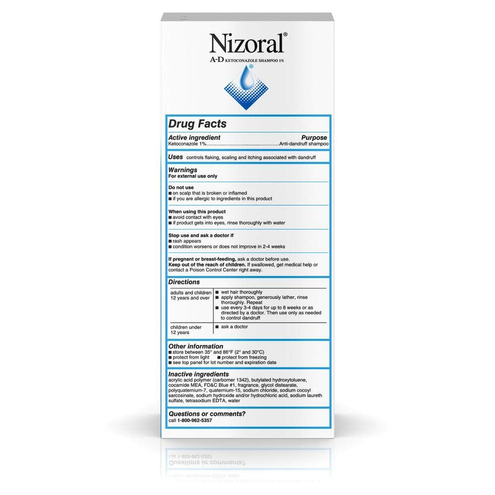 Étiquette Nizoral A-D indiquant kétoconazole 1% comme ingrédient actif.