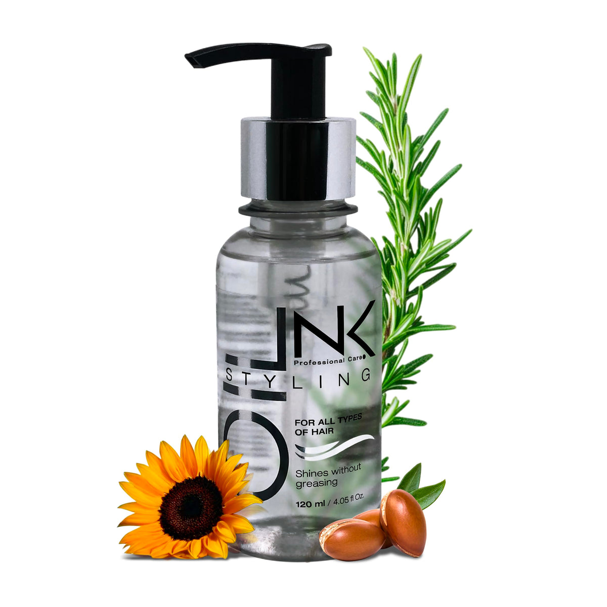 NK Professional Care Styling Oil, bouteille élégante, brillance sans gras pour cheveux soyeux.