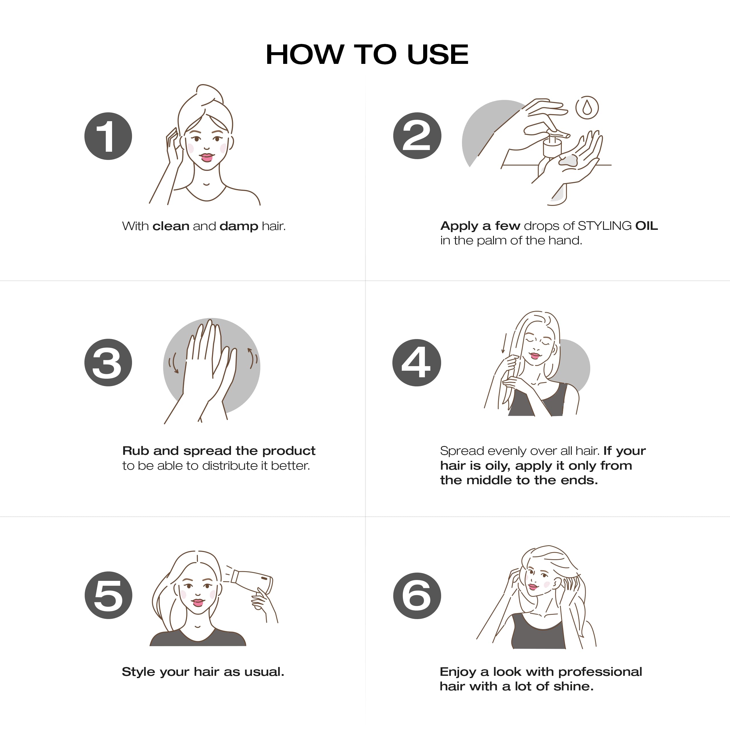 Usage quotidien rapide pour cheveux brillants et soyeux.