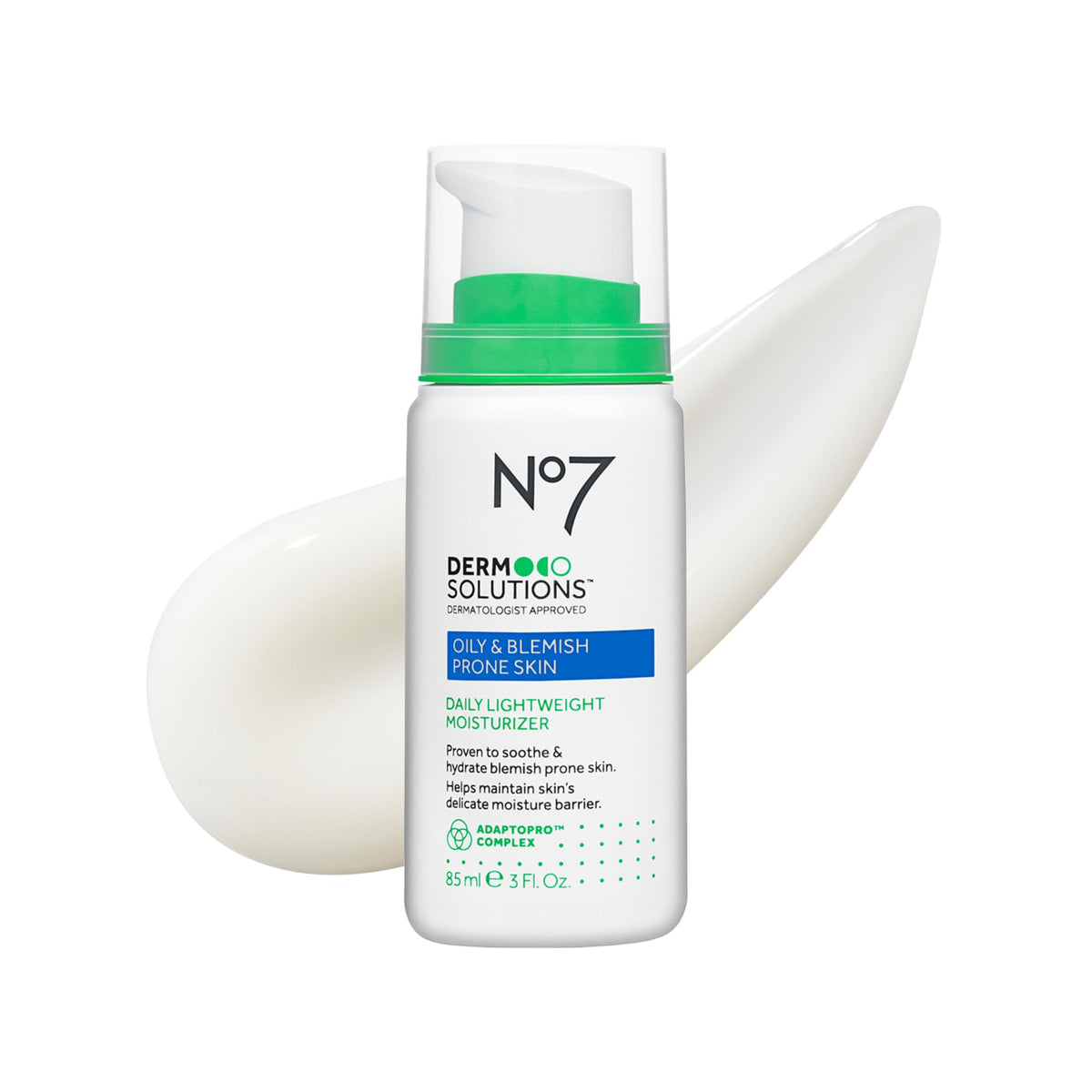 No7 Derm Solutions hydratant jour, bouteille pompe, peau hydratée et apaisée.