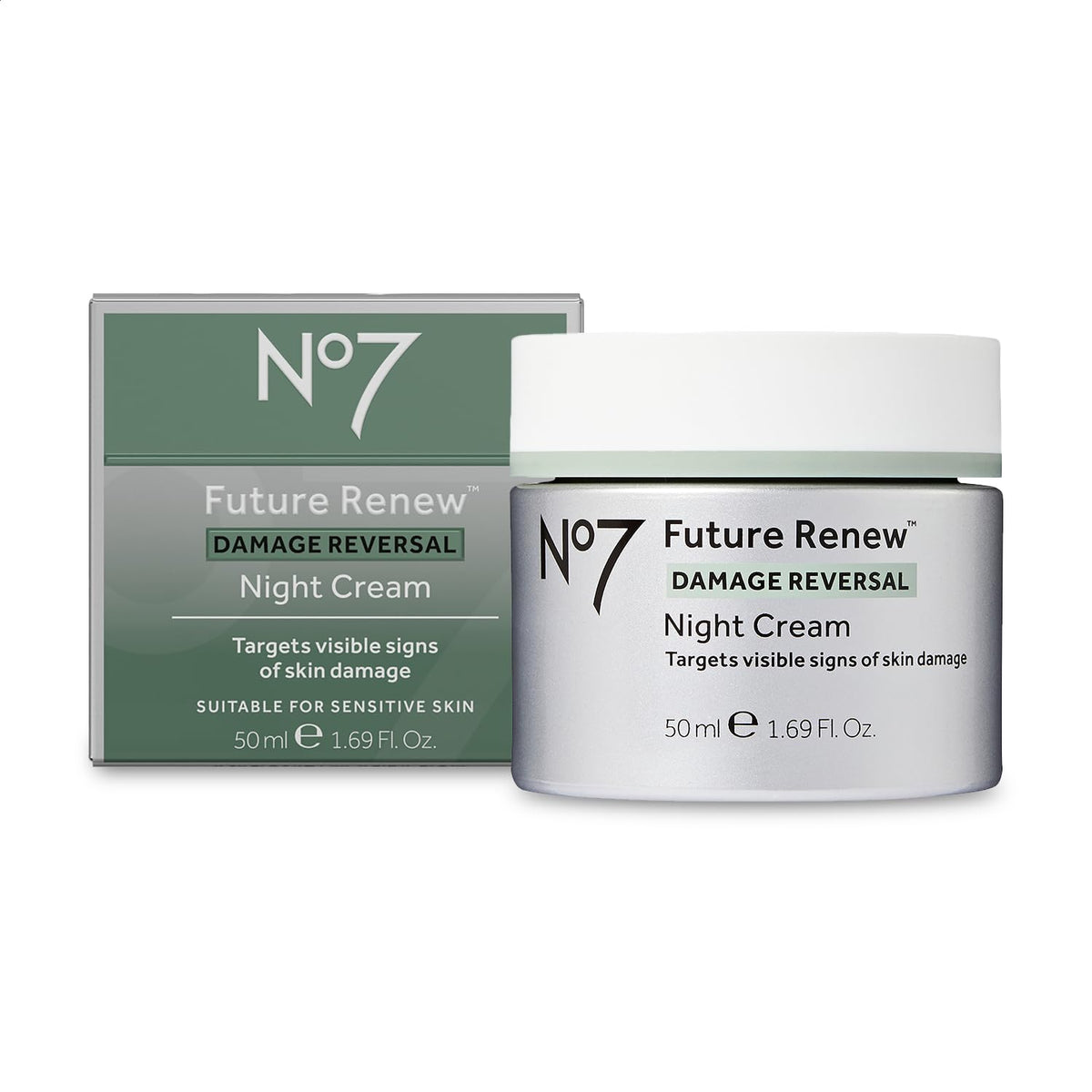 No7 Future Renew creme-nuit anti-age en bouteille, hydratation profonde.