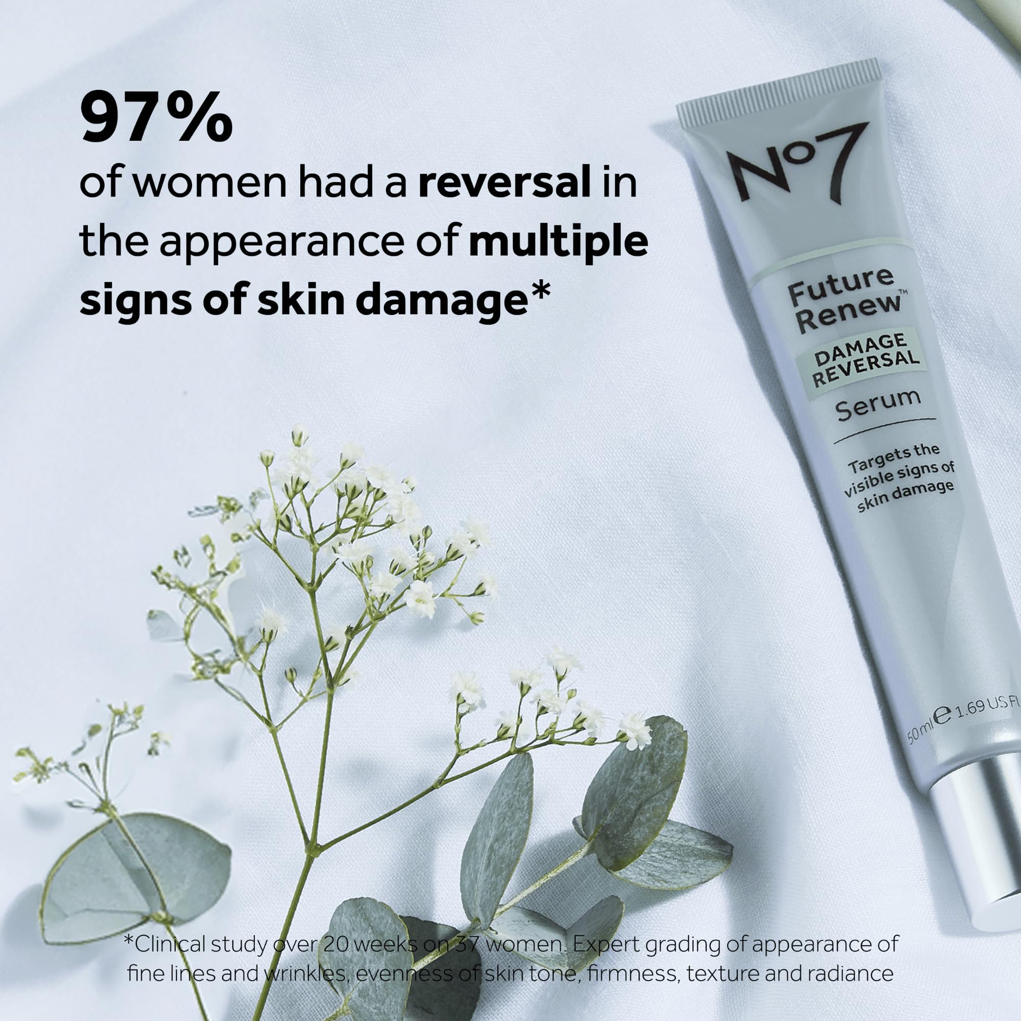 No7 Future Renew serum on cheek showing brightening and smoother texture potential