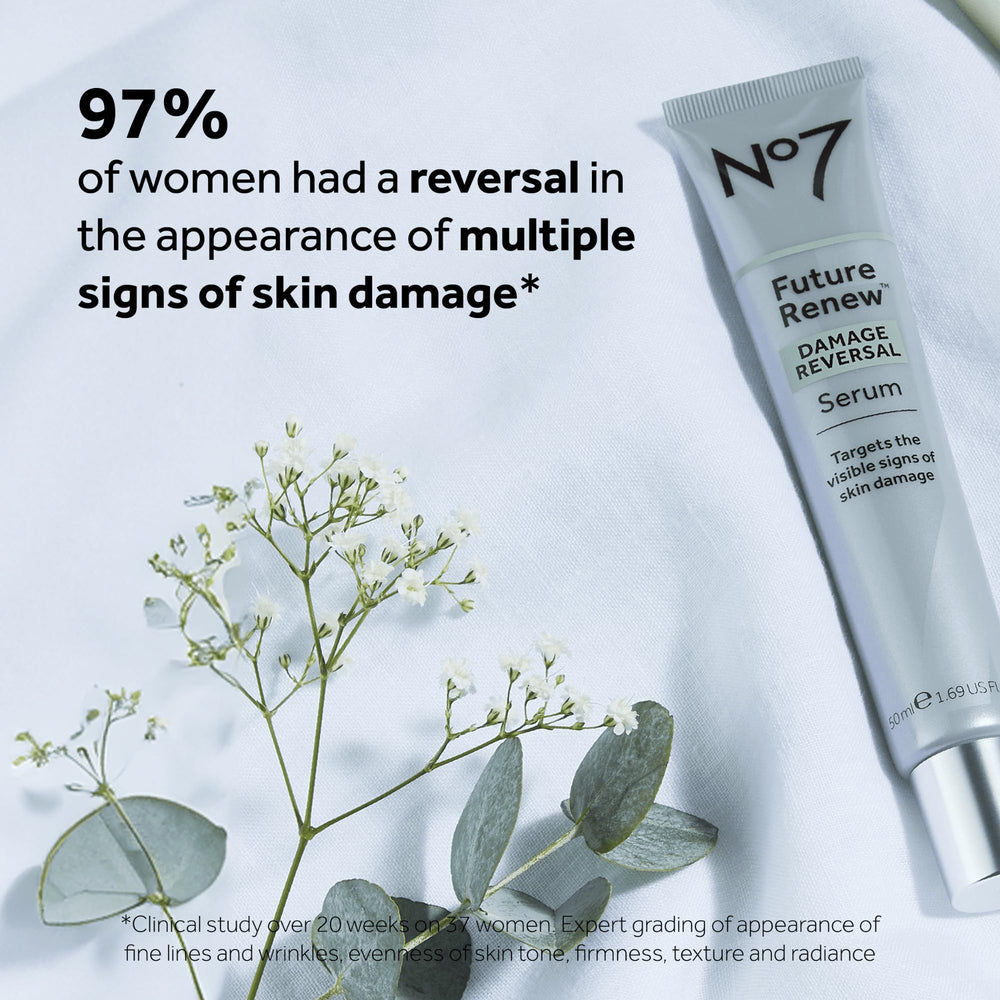 No7 Future Renew serum on cheek showing brightening and smoother texture potential