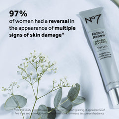 No7 Future Renew serum on cheek showing brightening and smoother texture potential