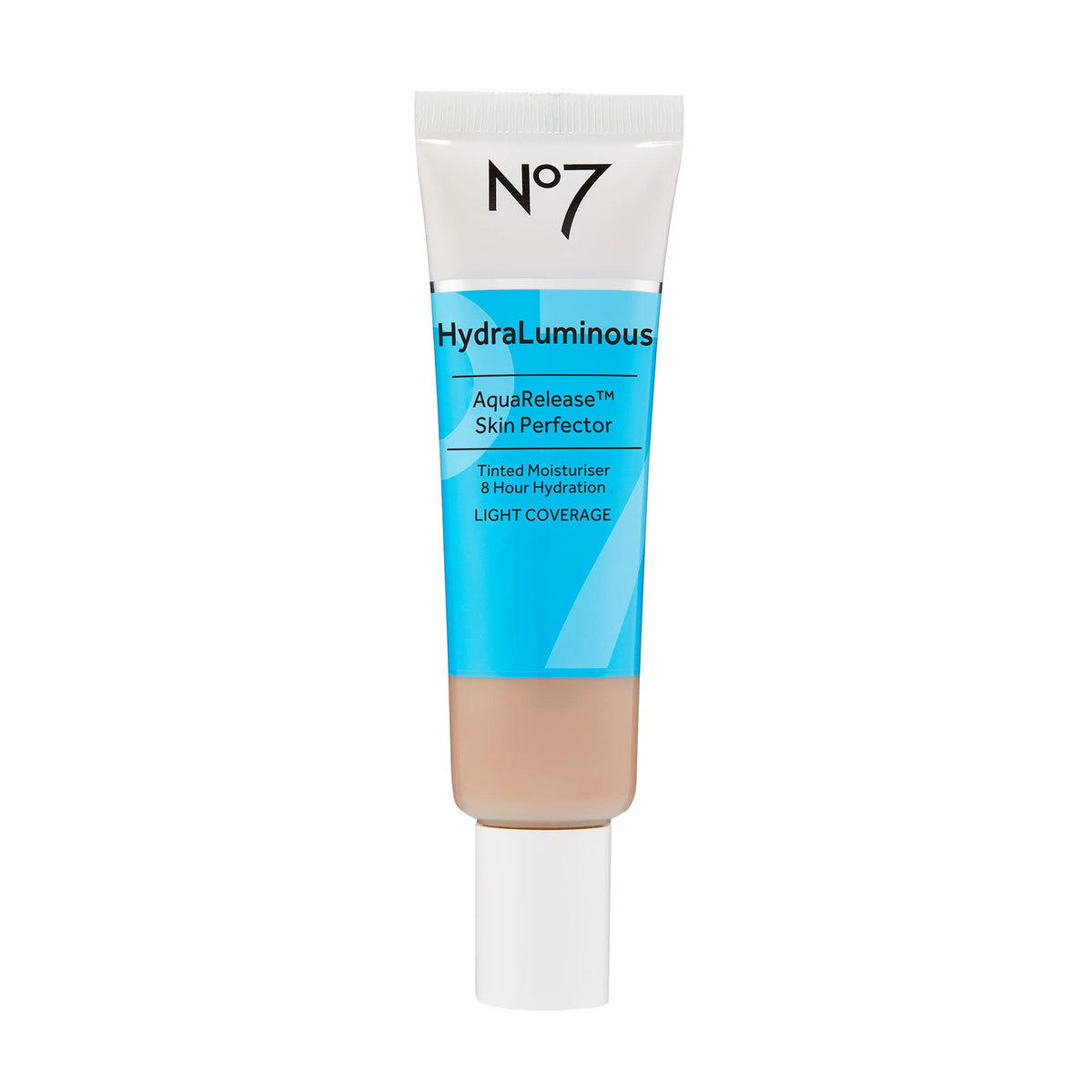 No7 Hydraluminous AquaRelease, bouteille légère, hydratation durable lors de l'application.