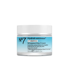 No7 HydraLuminous+ whipped day cream jar closeup delivering deep hydration for daily use