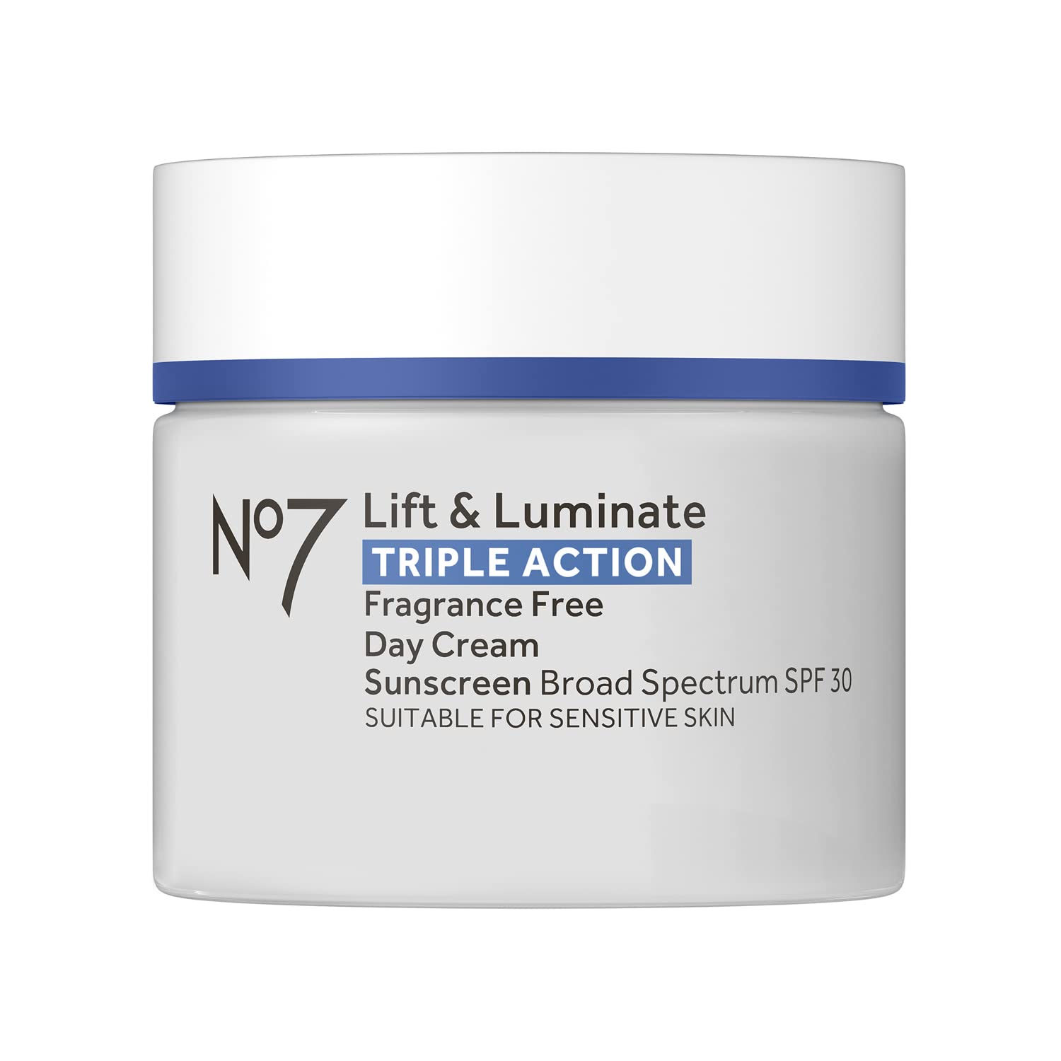 No7 Lift et Luminate — bouteille crème visage, pratique pour hydratation quotidienne et protection SPF.