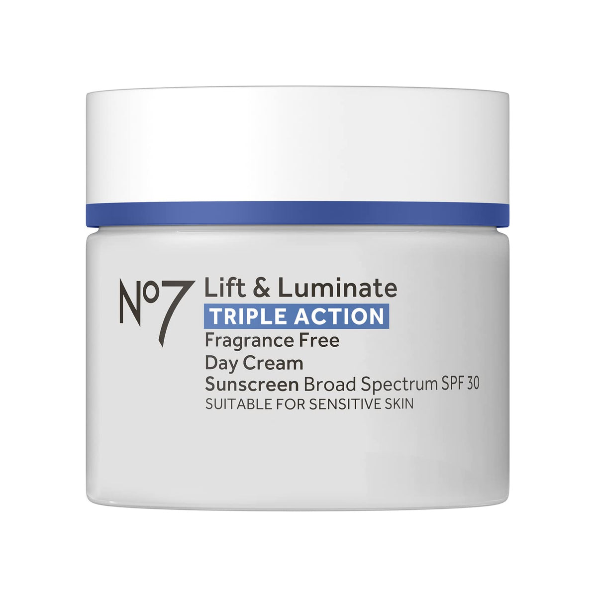 No7 Lift et Luminate — bouteille crème visage, pratique pour hydratation quotidienne et protection SPF.