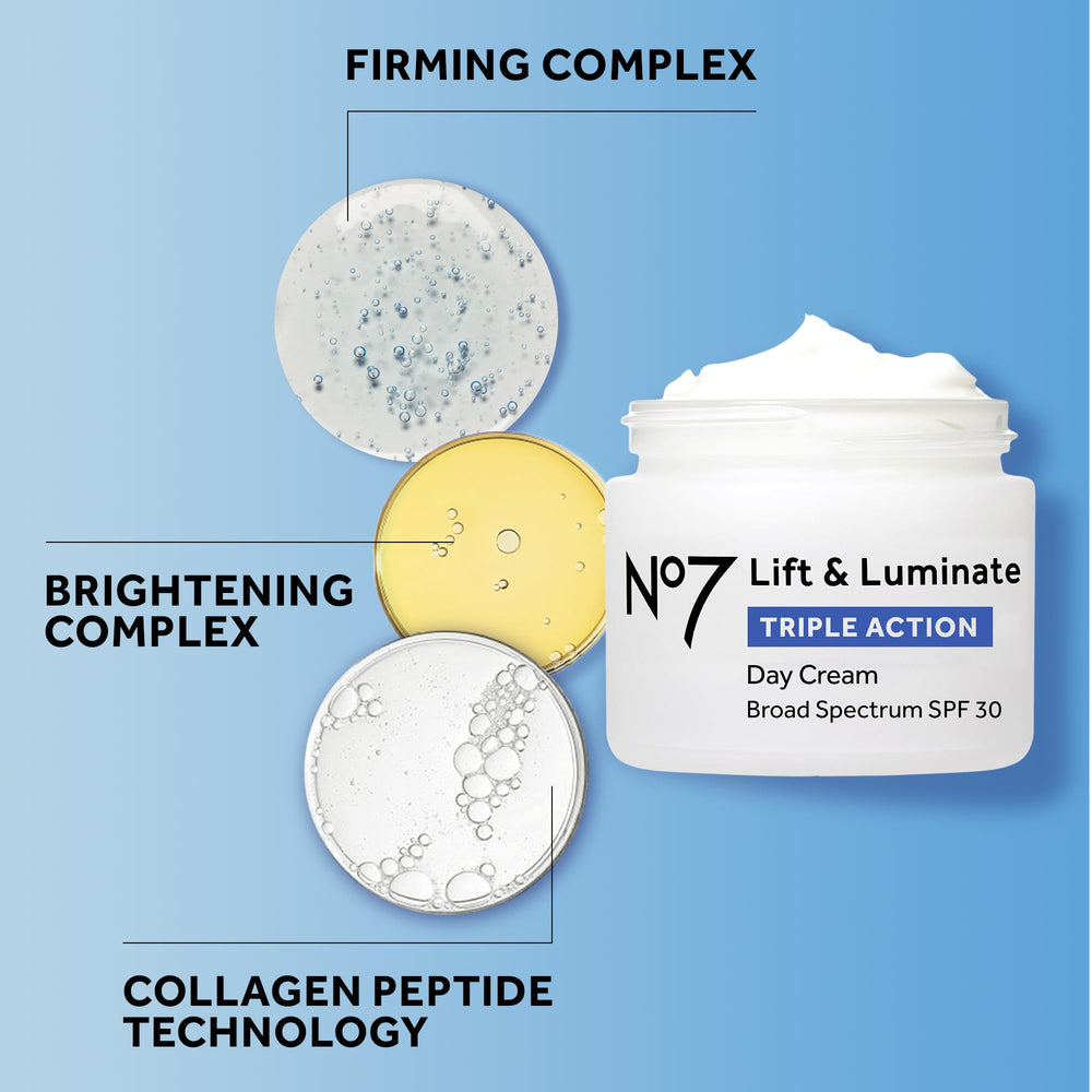 No7 Lift et Luminate — complexe de brillance pour un teint lumineux.