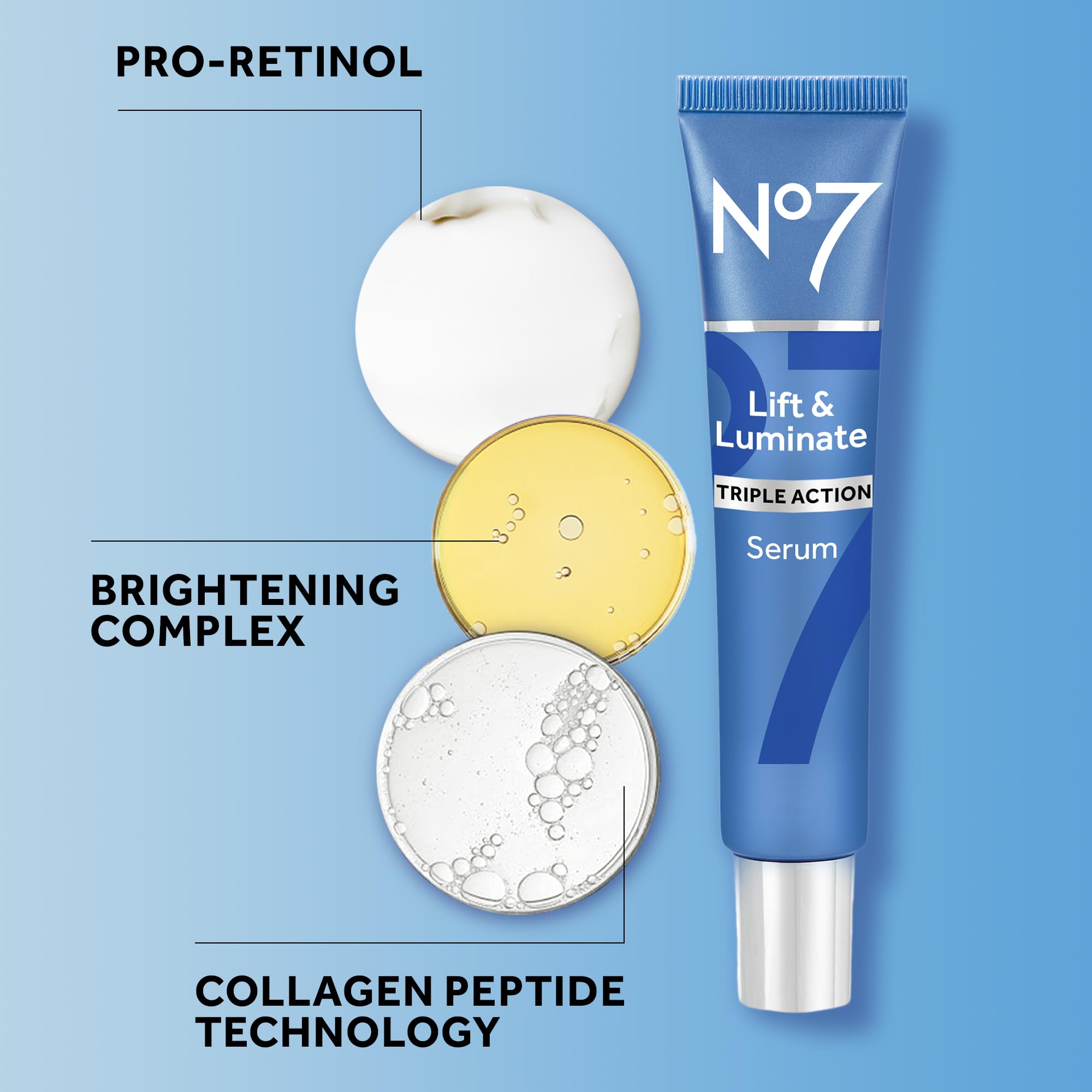 No7 Lift & Luminate, hyaluronique pour hydratation durable et fermeté légère.