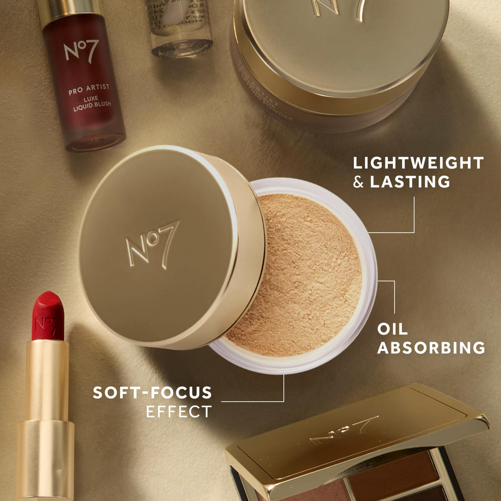 Emballage luxueux No7 Pro Artist et poudre légère pour routine rapide.