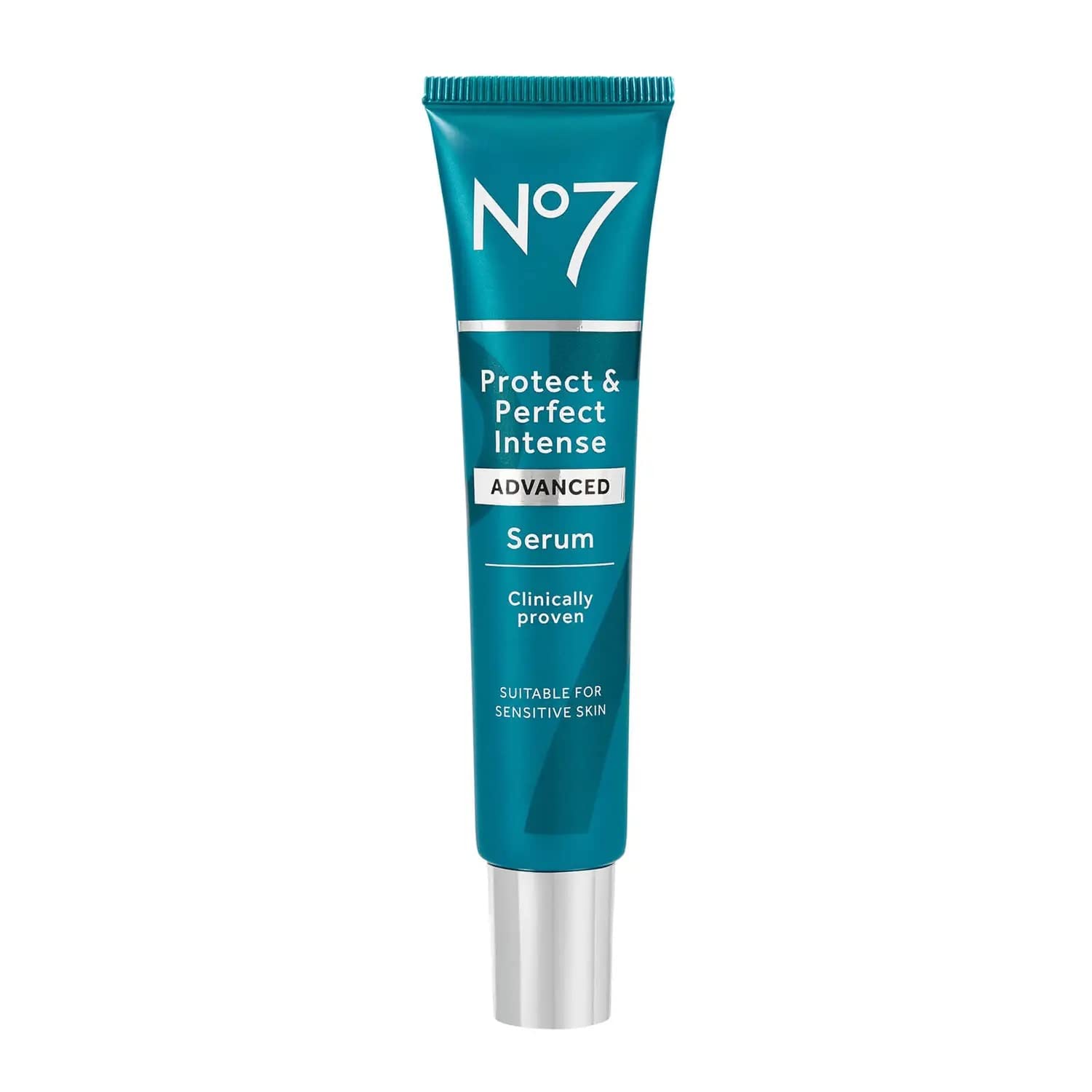 No7 Protect & Perfect Serum: bouteille élégante pour hydratation et fermeté.
