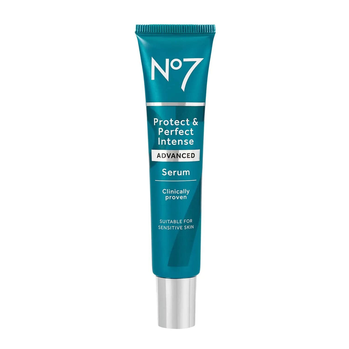 No7 Protect & Perfect Serum: bouteille élégante pour hydratation et fermeté.