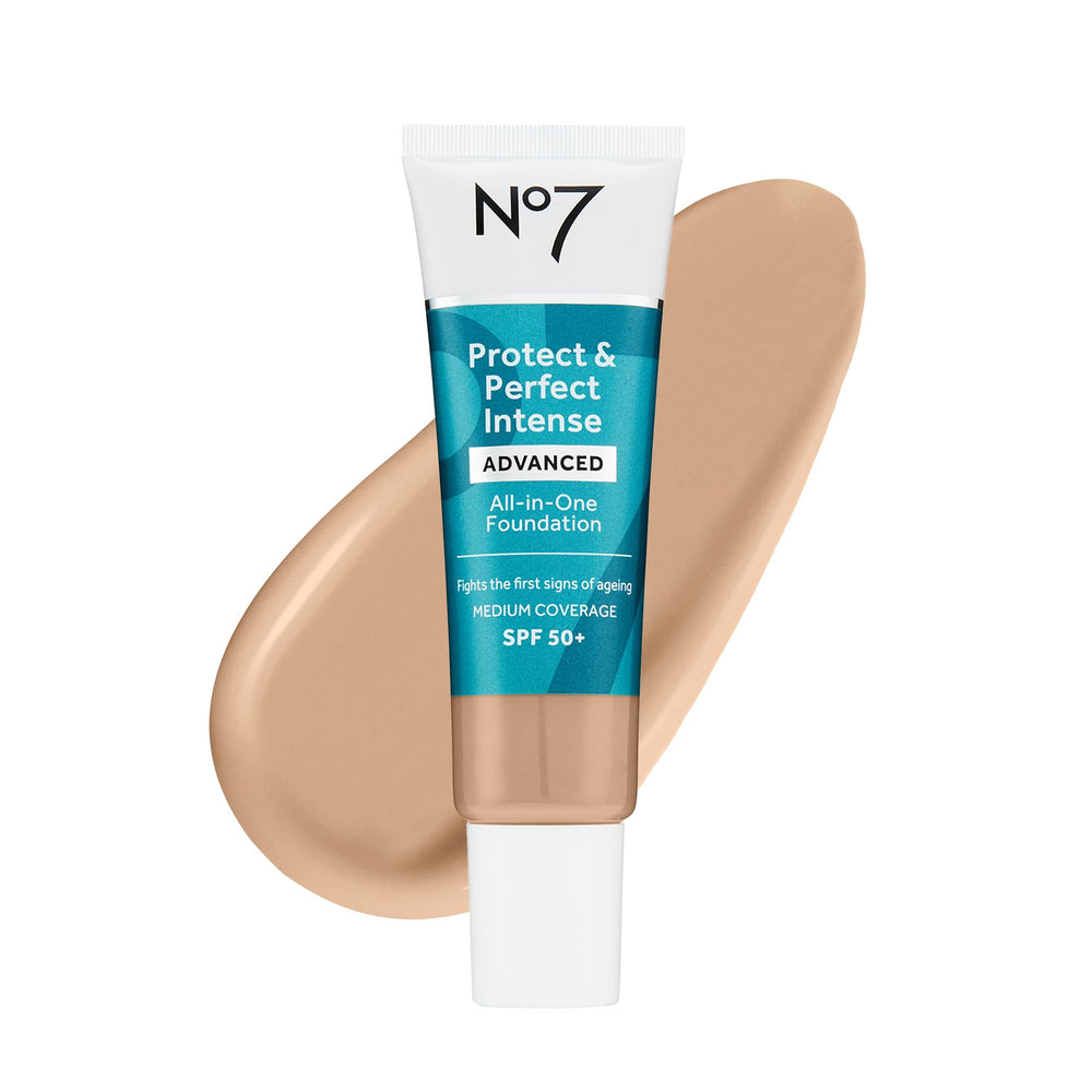 No7 Protect & Perfect foundation Warm Ivory bottle shows premium packaging for smooth application.