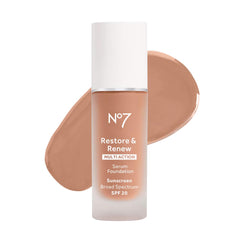 No7 Restore & Renew bottle closeup, hydrating foundation for a smooth, radiant base.