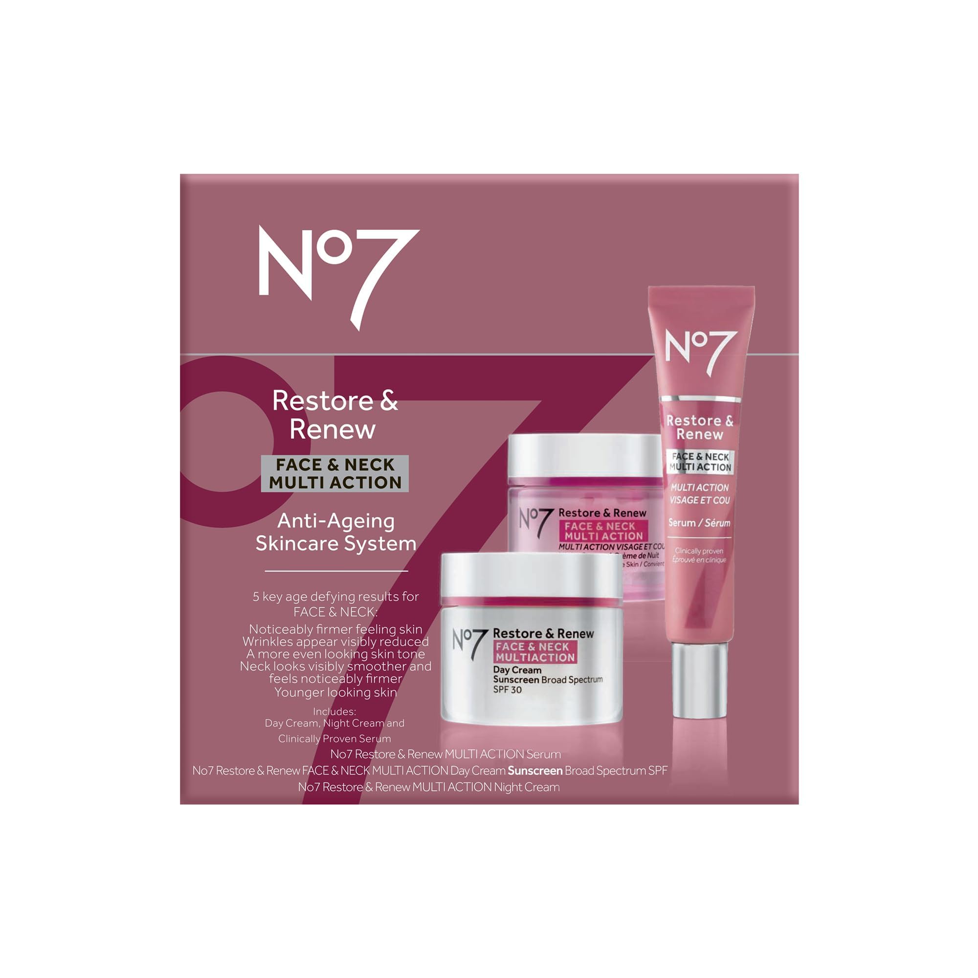 Crème Jour No7 Restore & Renew SPF30: hydrate et protège pour un teint lumineux.