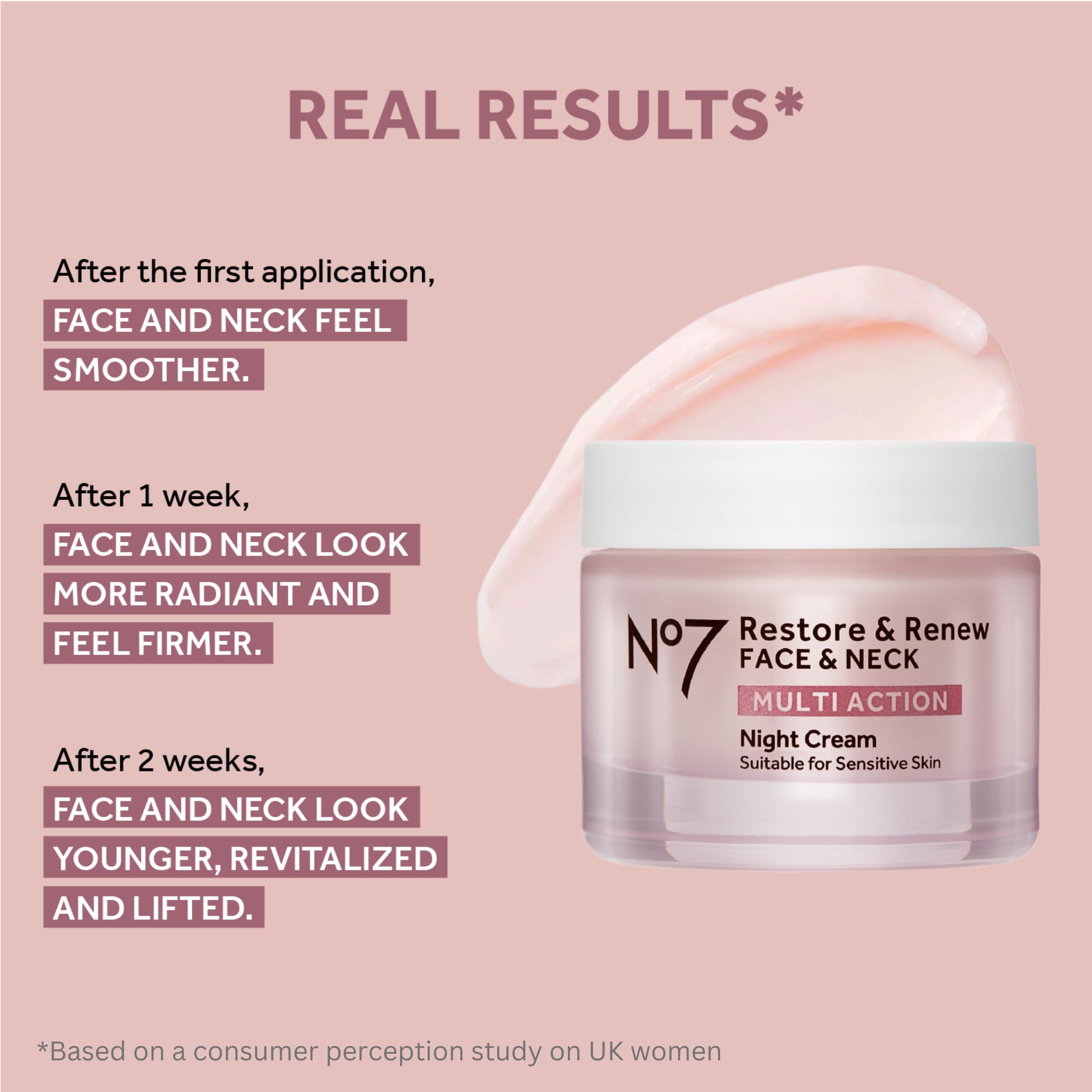 Étiquette produit No7 Restore & Renew, présentation élégante et informative.