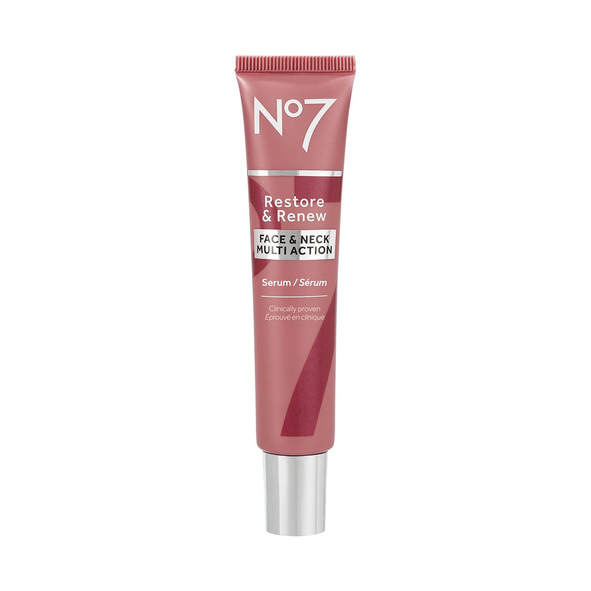 No7 Restore & Renew - flacon sérum visage et cou, hydratation durable et fermeté ressentie.