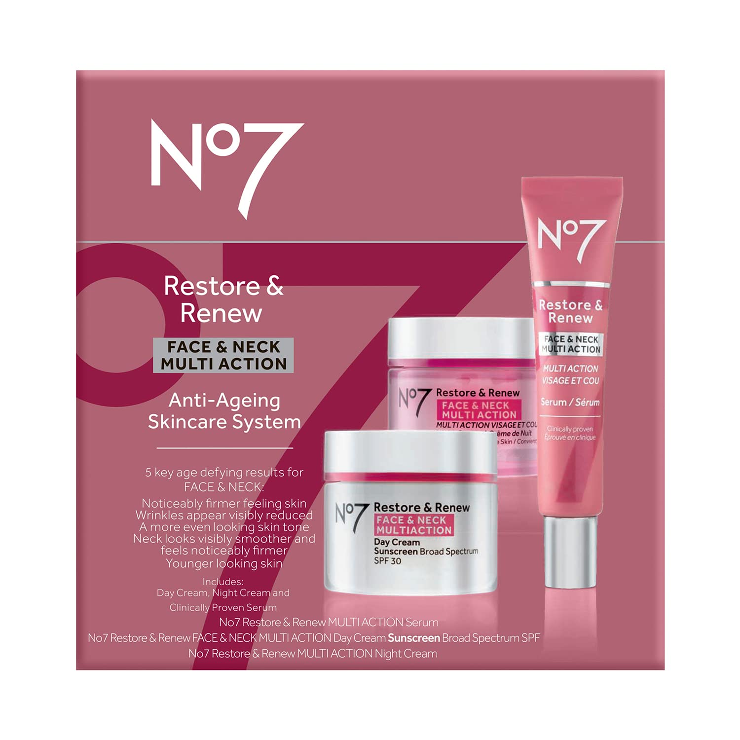 Sérum visage double action No7 Restore & Renew pour les signes du vieillissement.