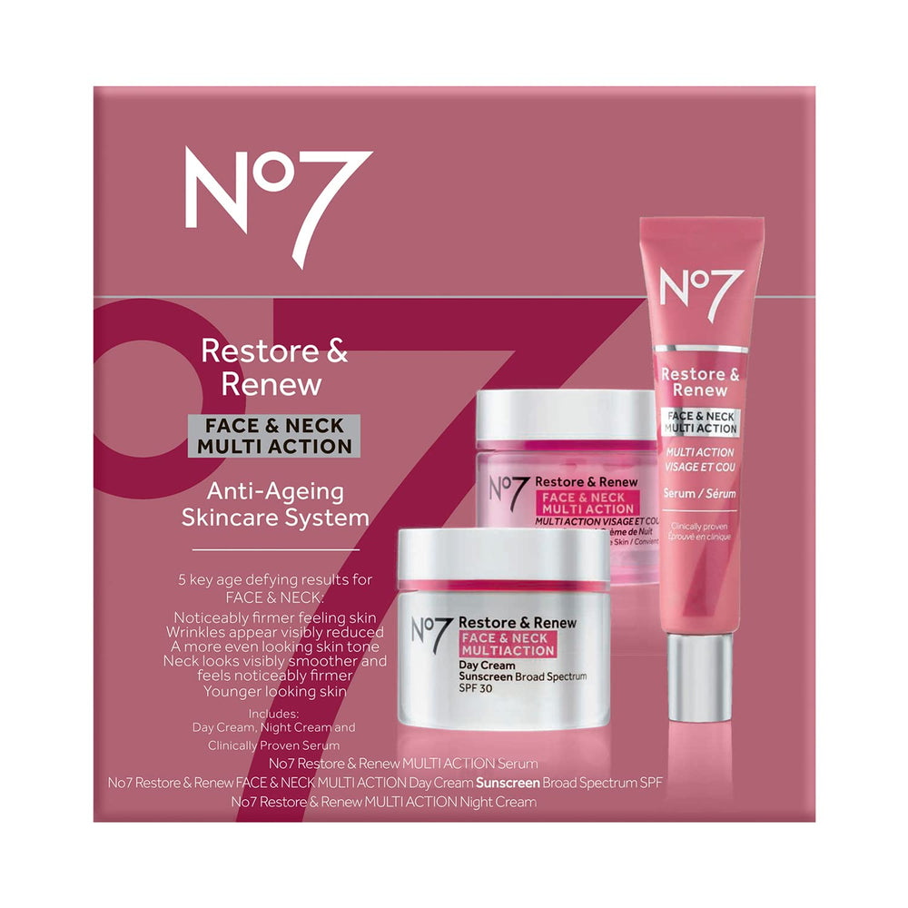 Sérum visage double action No7 Restore & Renew pour les signes du vieillissement.