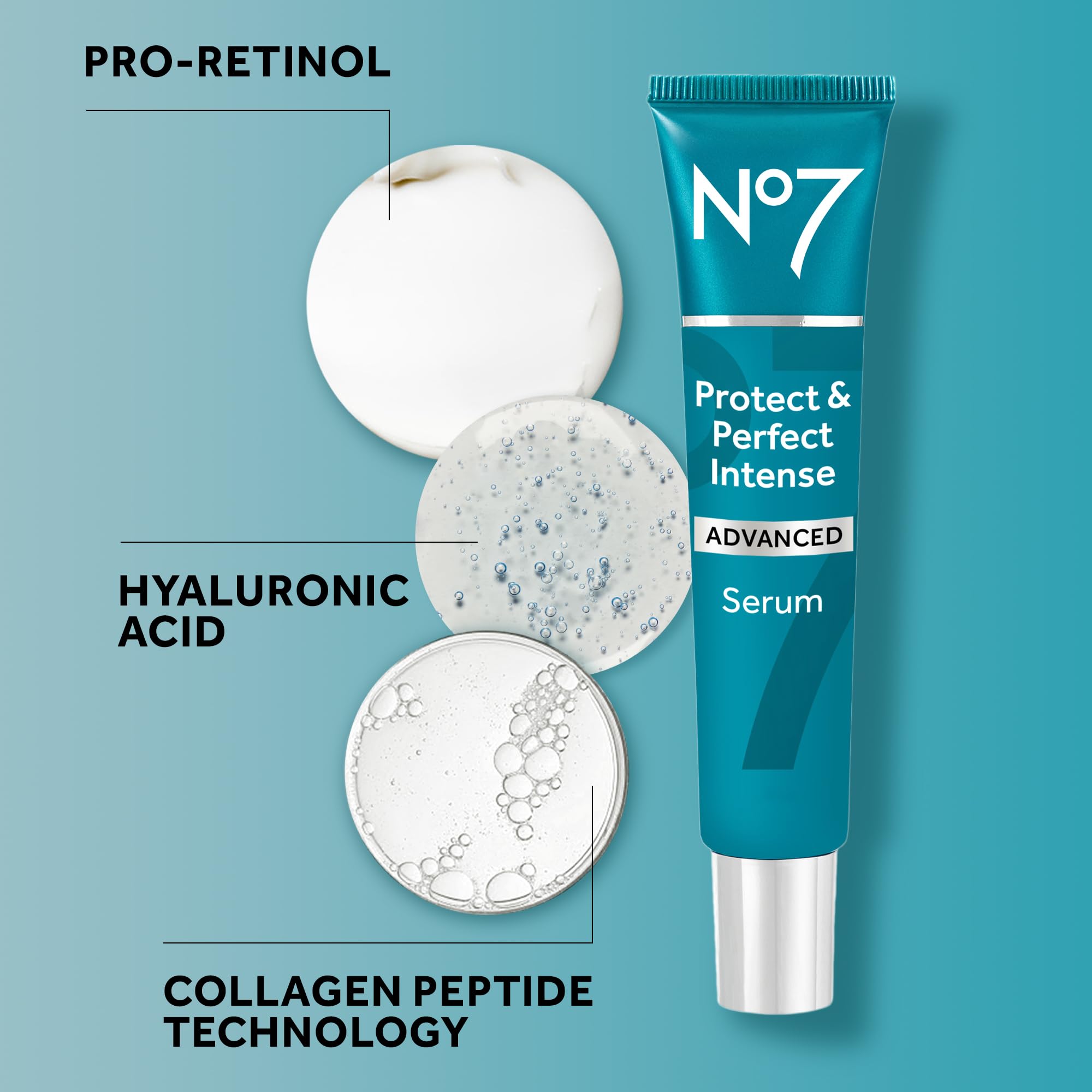 Gros plan sur le flacon No7 Protect & Perfect et son sérum