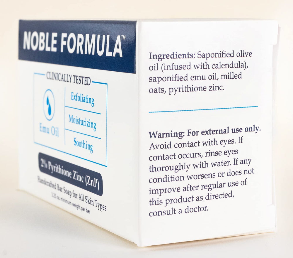 Savon Noble Formula ZnP 2% et huile d'emu apaise irritations cutanées potentielles.