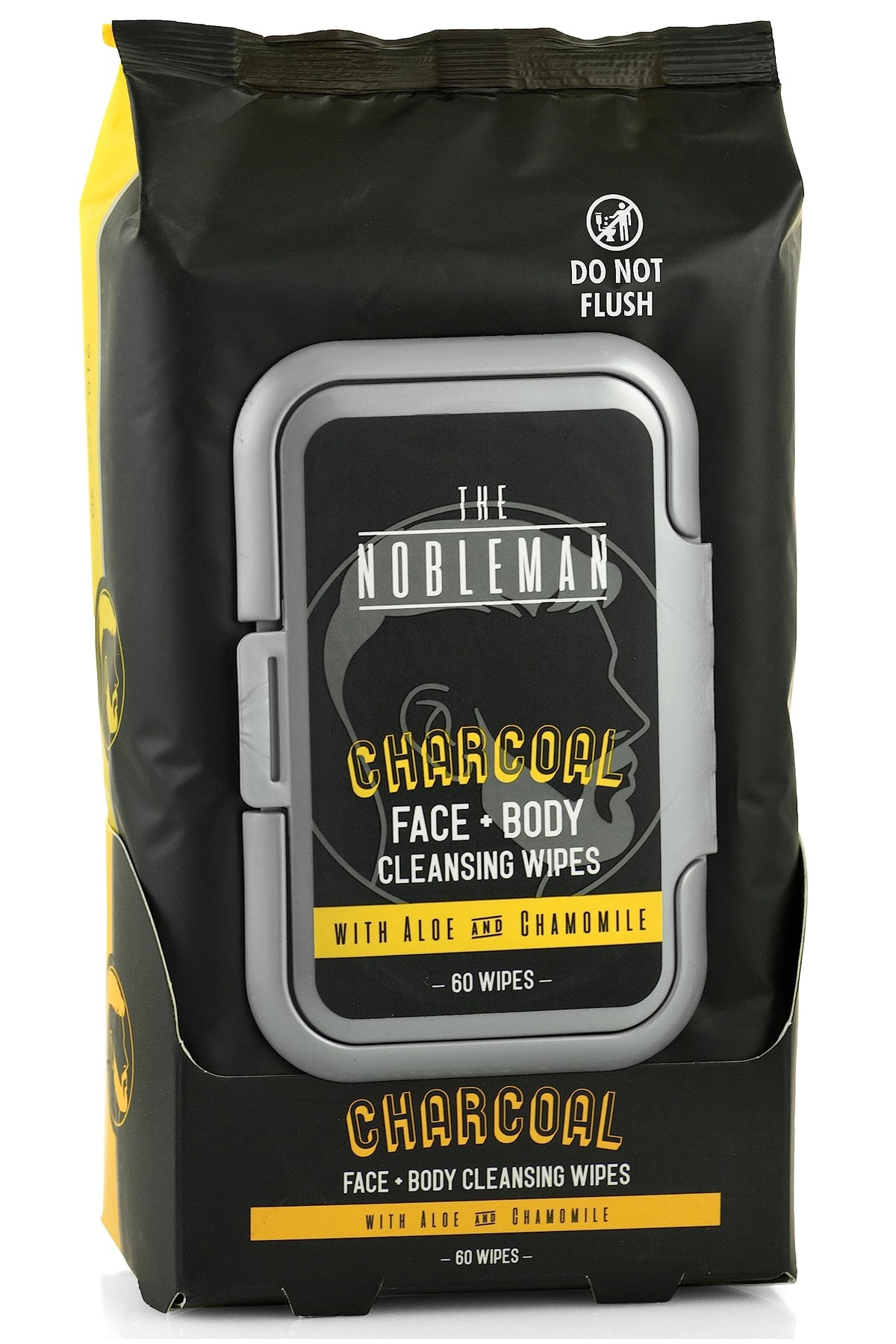  Lingettes charbon The Nobleman destinées au visage et au corps, packaging et utilisation pratique.