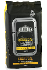  Lingettes charbon The Nobleman destinées au visage et au corps, packaging et utilisation pratique.