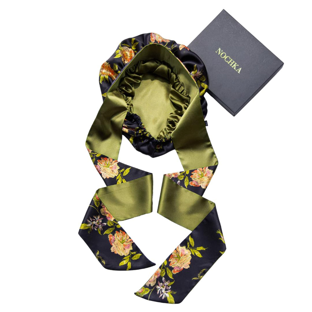 Bonnet Nochka Fashion en soie de mûrier, motif Fleur Sauvage réversible pour boucles.