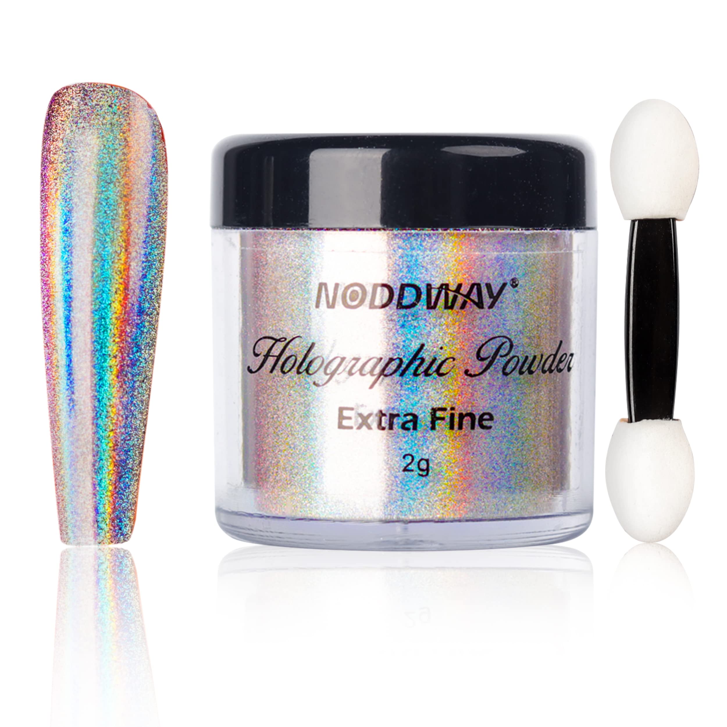 Poudre holographique NODDWAY 10 microns, effet miroir brillant sur ongles et résine.