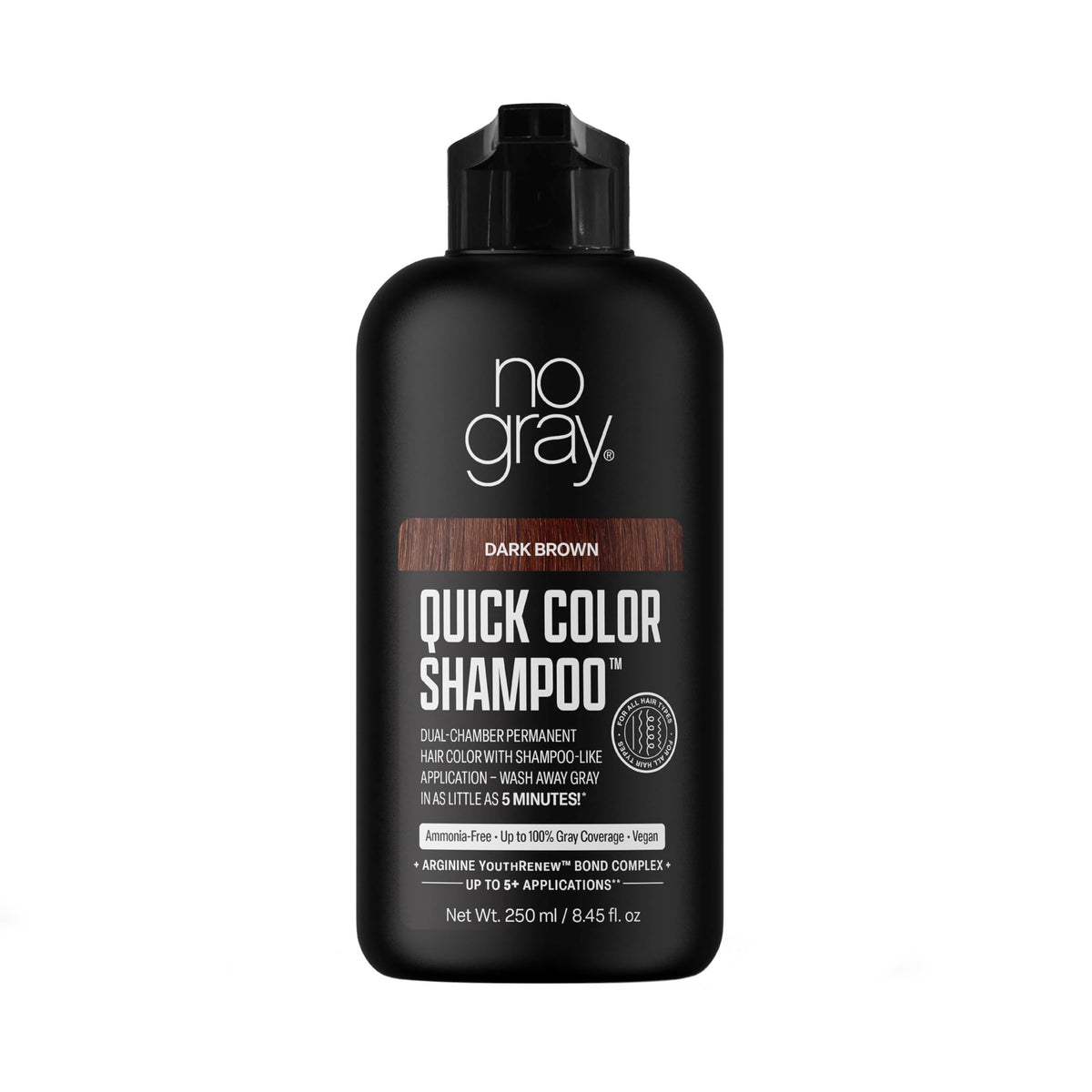Shampooing No Gray brun foncé affichant une couleur naturelle.