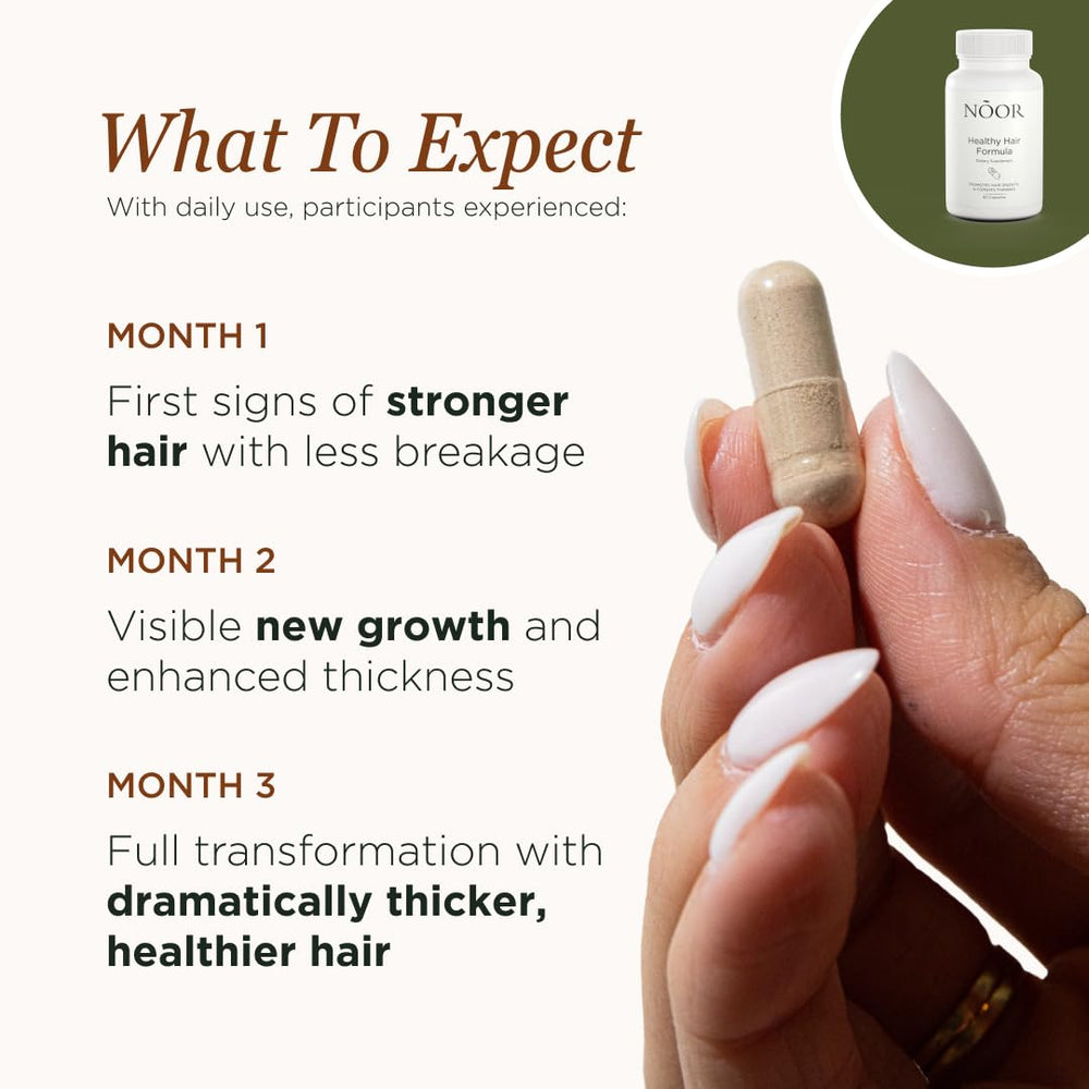 NOOR HAIR – gélules colorées utilisées quotidiennement pour cheveux plus sains.