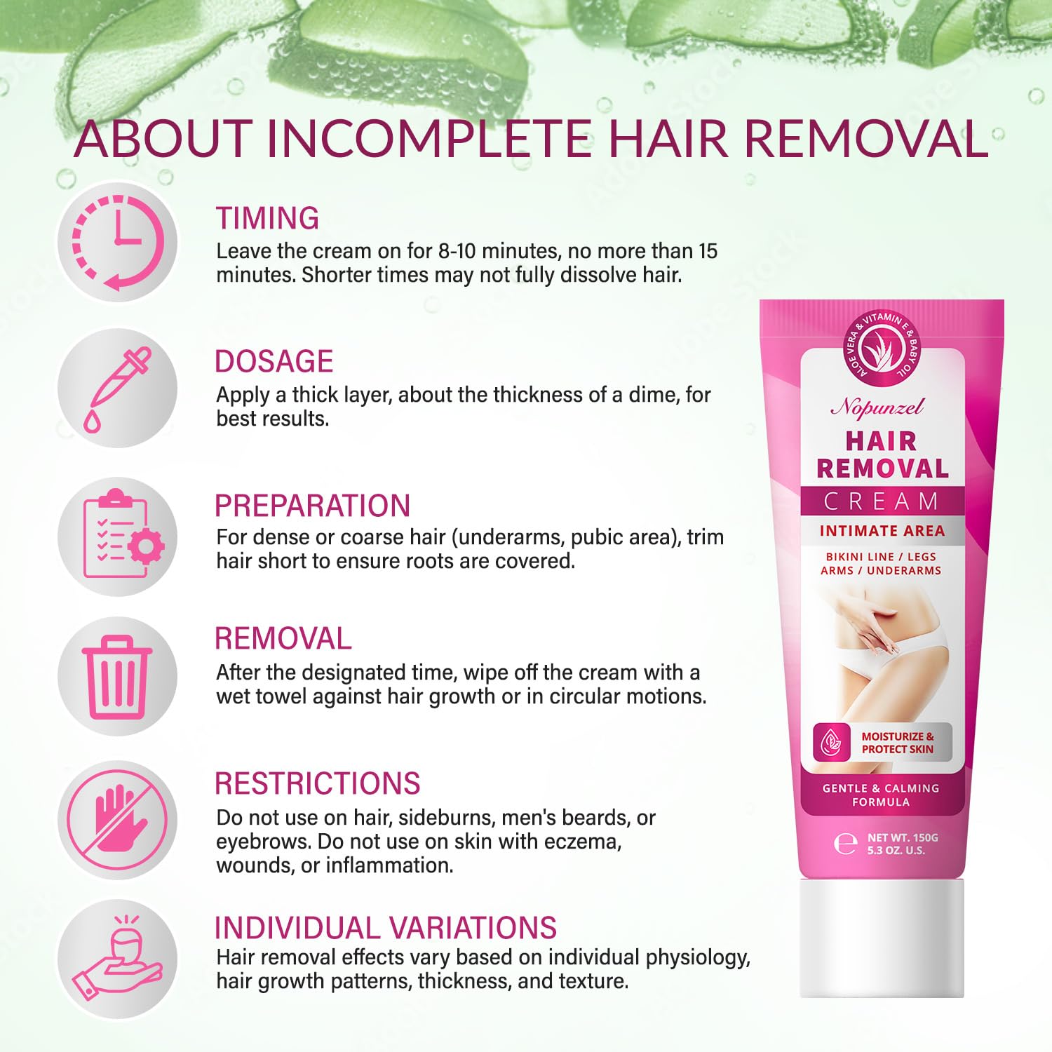 NOPUNZEL crème épilation femme – zone intime traitée en douceur pour plus de confort.