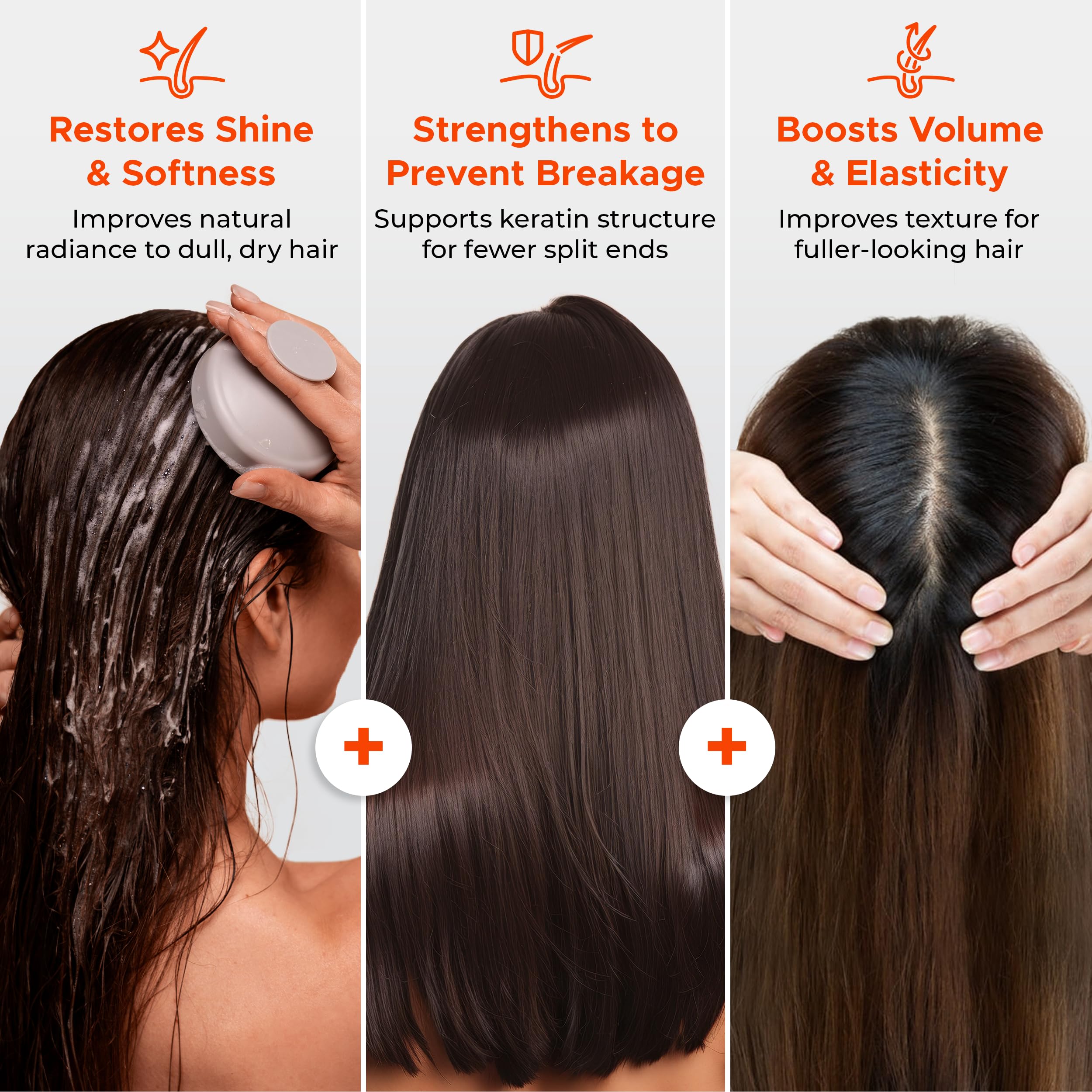 Texture cremeuse du soin Nora Ross appliquée sur les cheveux.