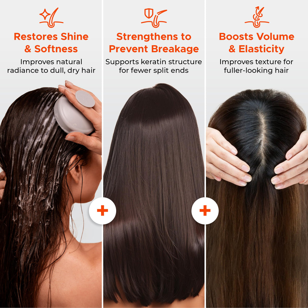 Texture cremeuse du soin Nora Ross appliquée sur les cheveux.