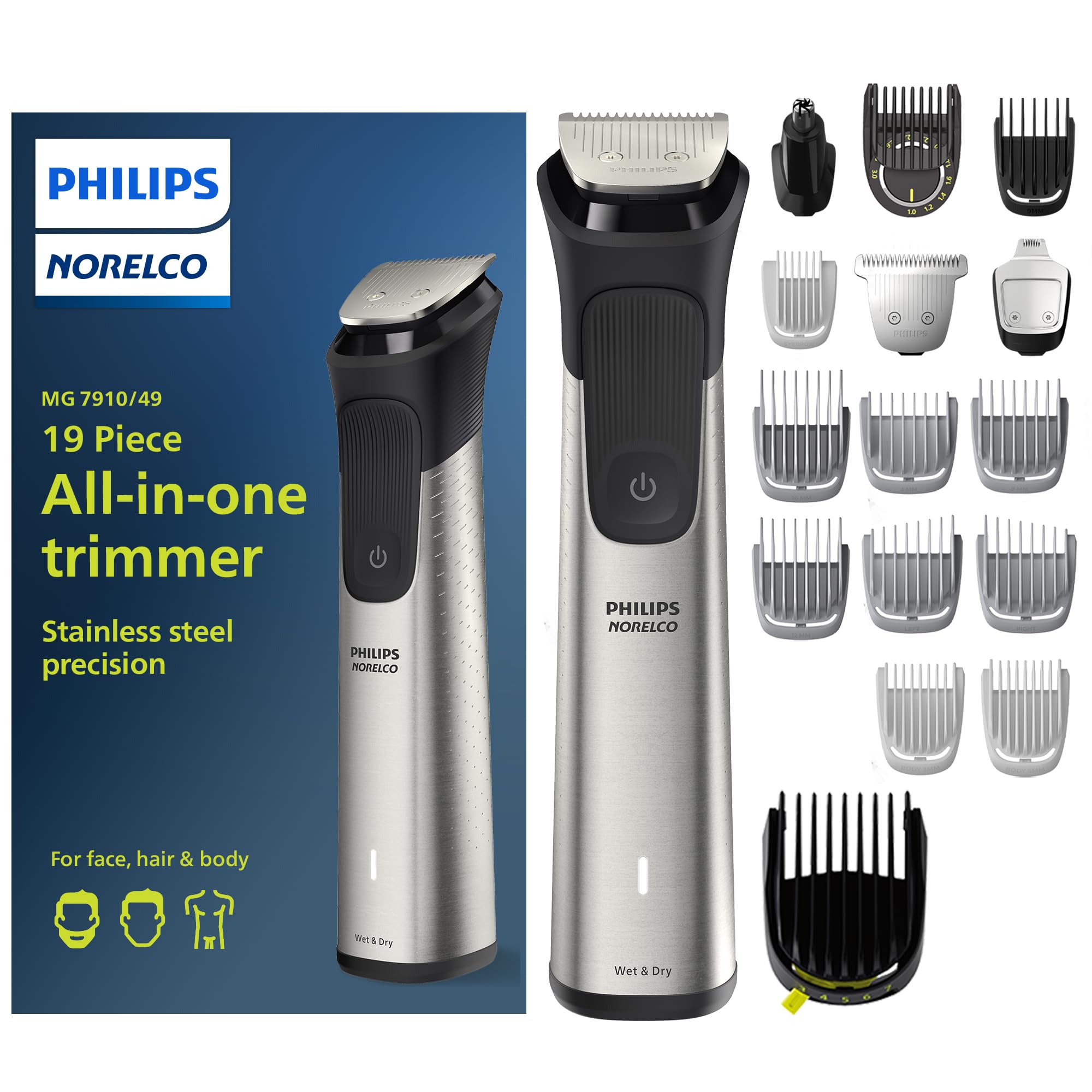 Kit Norelco MG7910: ensemble 19 accessoires pour visage et corps, polyvalent.