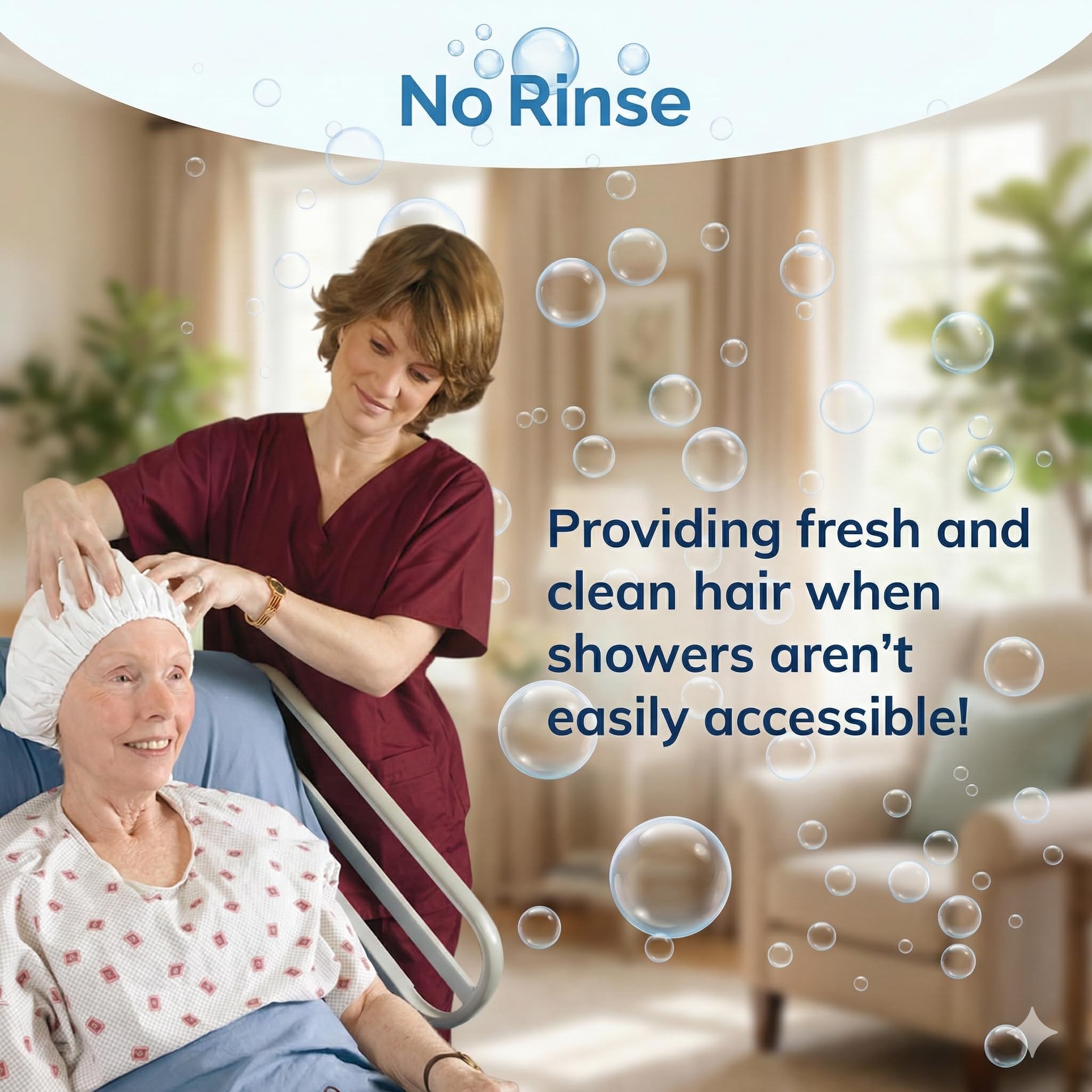 No-Rinse Cleanlife Cap: idéal pour soins à domicile et mobilité réduite.